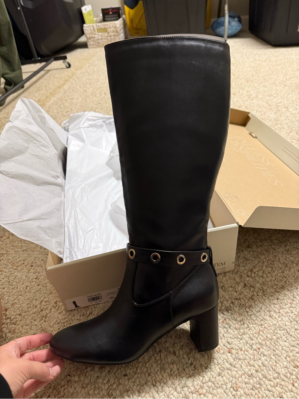 Black Mid-Calf Heel Boots with Eyelet Accent